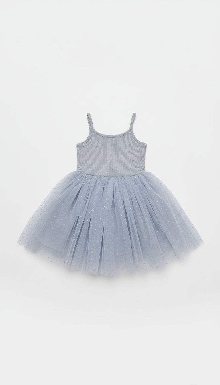 Ribbed Tulle Dress - Dusty Blue Dots
