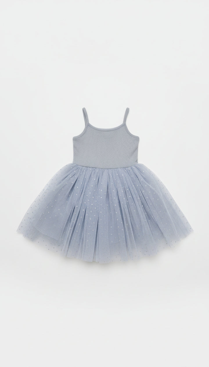 Ribbed Tulle Dress - Dusty Blue Dots