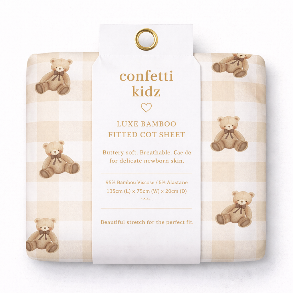 Gingham Teddy | Fitted Bamboo Cot Sheet