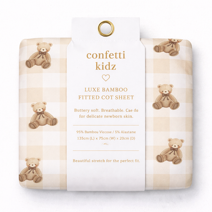 Gingham Teddy | Fitted Bamboo Cot Sheet