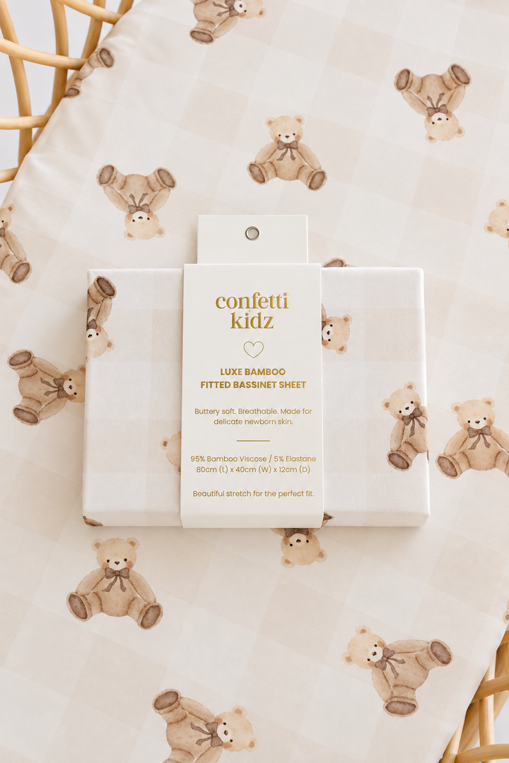 Gingham Teddy | Fitted Bamboo Cot Sheet