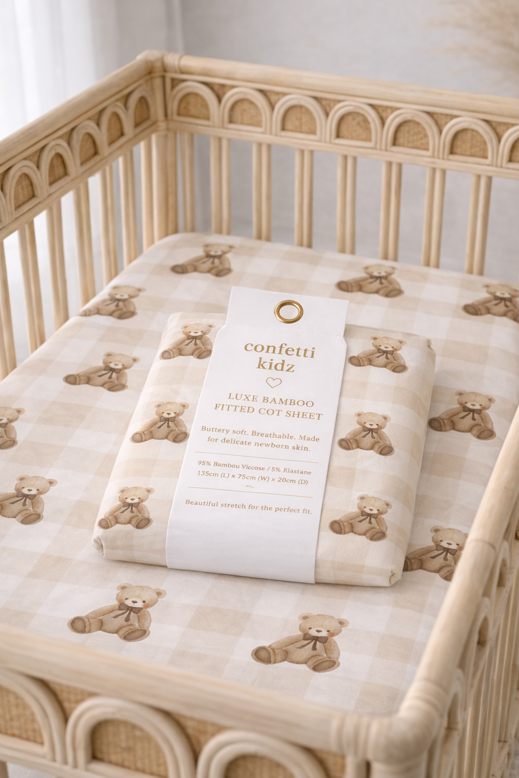 Gingham Teddy | Fitted Bamboo Cot Sheet
