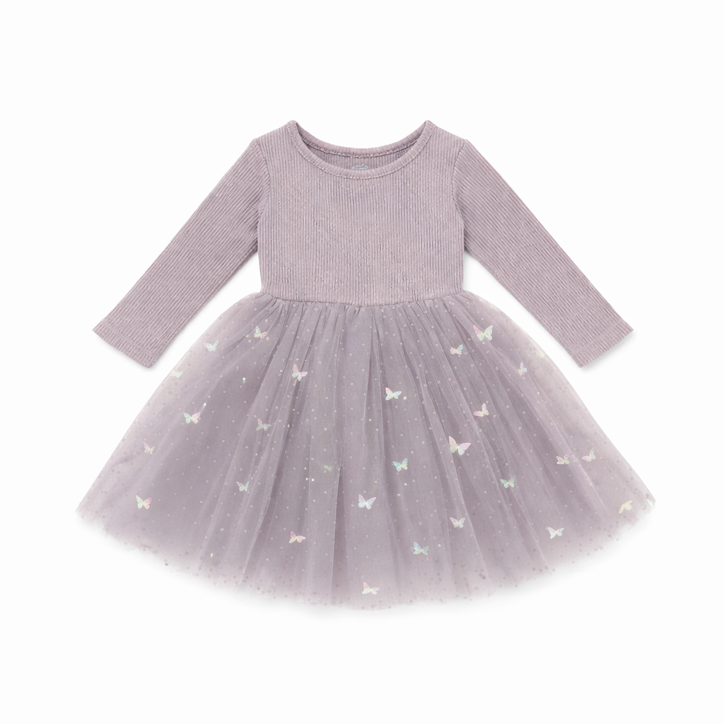 Mauve Butterflies - Long Sleeve Tulle Dress
