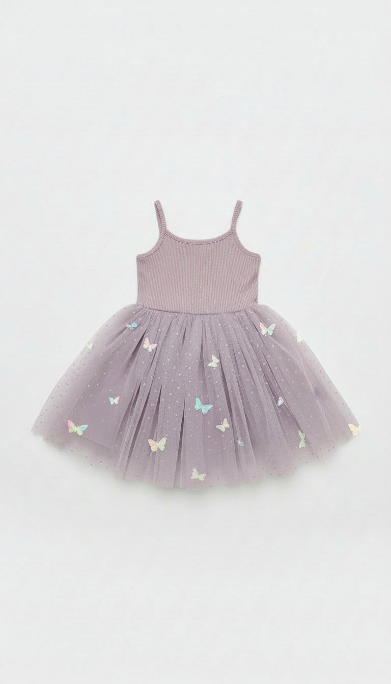 Ribbed Tulle Dress - Mauve Butterflies