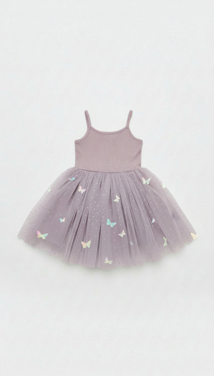 Ribbed Tulle Dress - Mauve Butterflies
