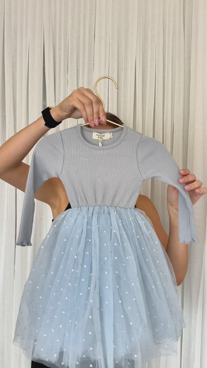 Dusty Blue Dots - Long Sleeve Tulle Dress