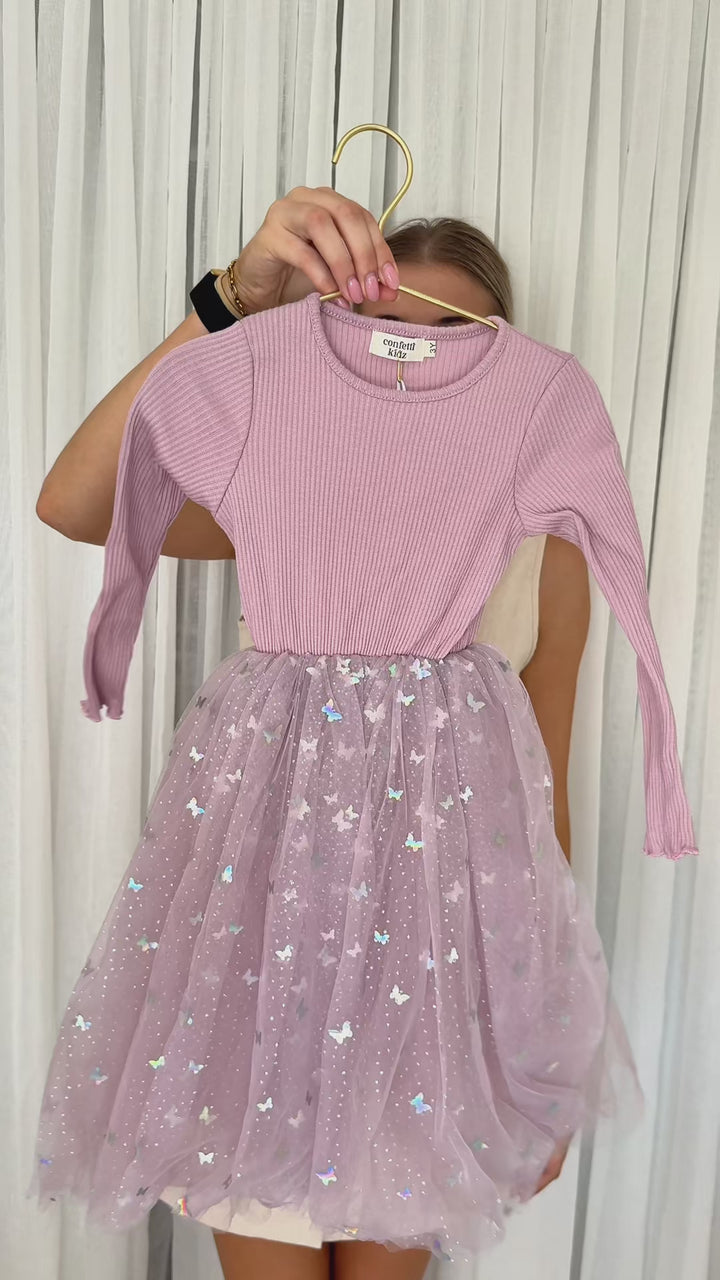 Mauve Butterflies - Long Sleeve Tulle Dress