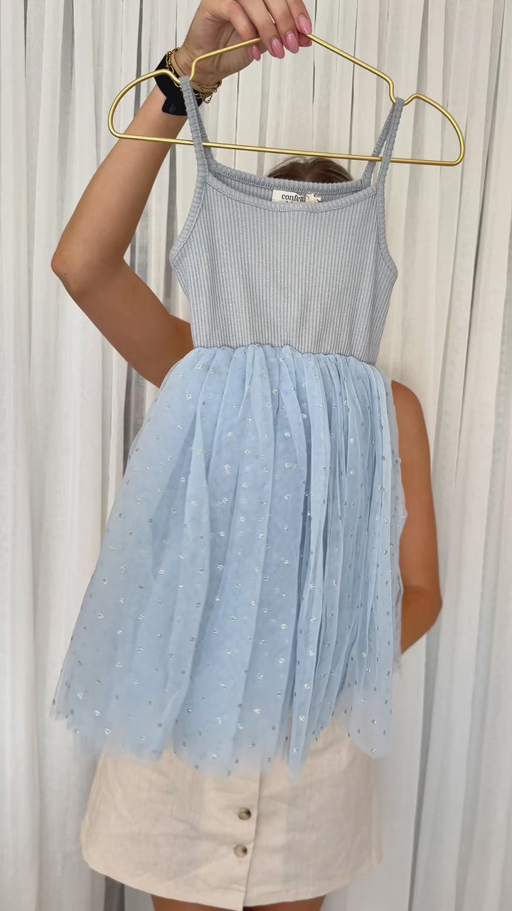 Ribbed Tulle Dress - Dusty Blue Dots